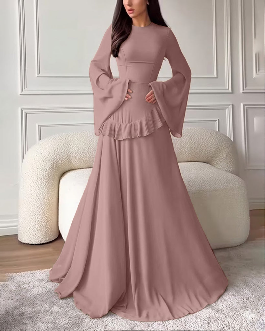 Solid Fit and Flare Long Bell Sleeve Maxi Dress in Dusty Pink