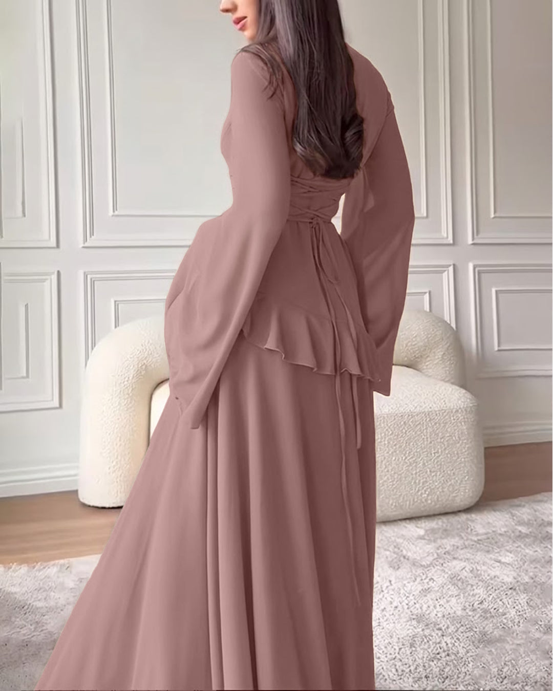 Solid Fit and Flare Long Bell Sleeve Maxi Dress in Dusty Pink