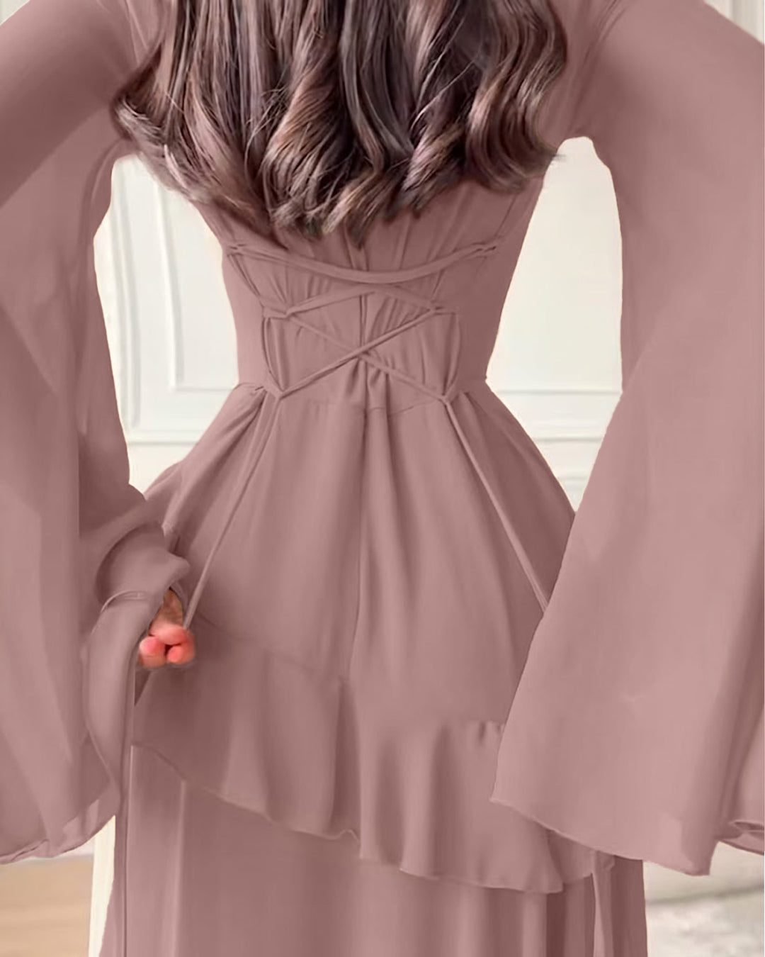 Solid Fit and Flare Long Bell Sleeve Maxi Dress in Dusty Pink