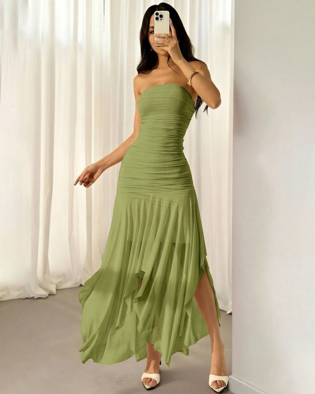 Strapless Bodycon Asymmetrical Hem Solid Sleeveless Midi Dress in Herbal