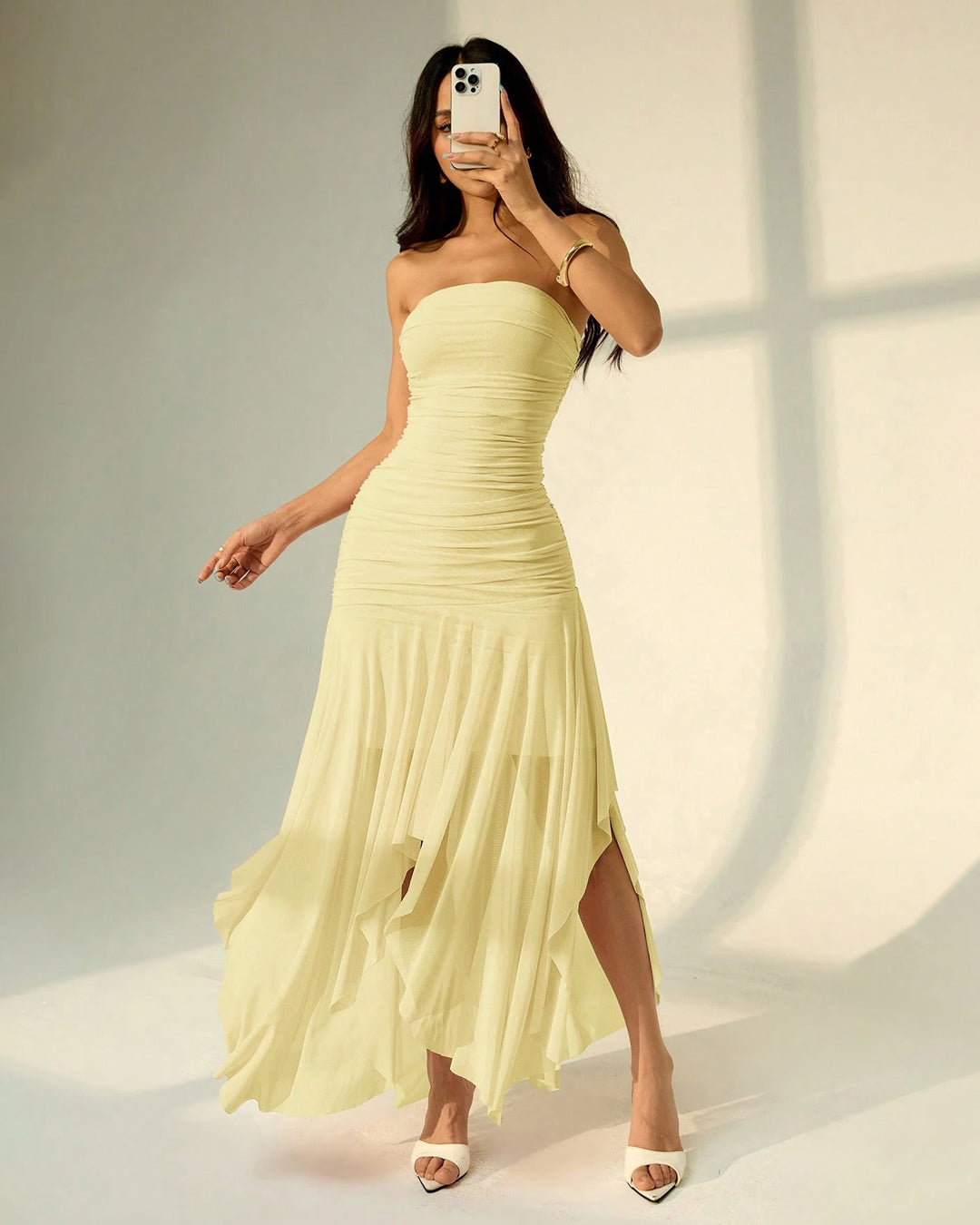 Strapless Bodycon Asymmetrical Hem Solid Sleeveless Midi Dress in Vanilla