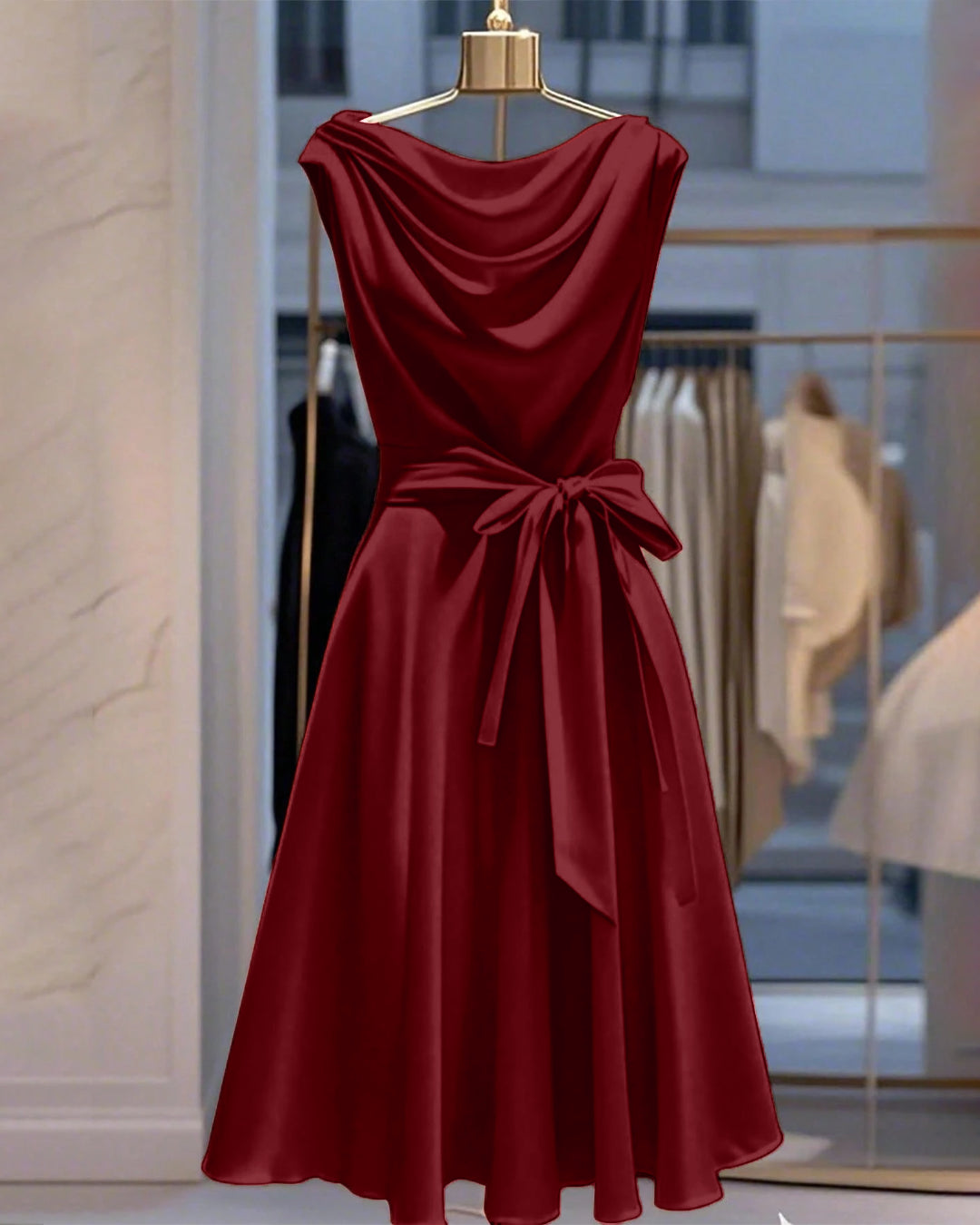 Women's Elegant Solid Color Waist Cinched cowl neck in Red