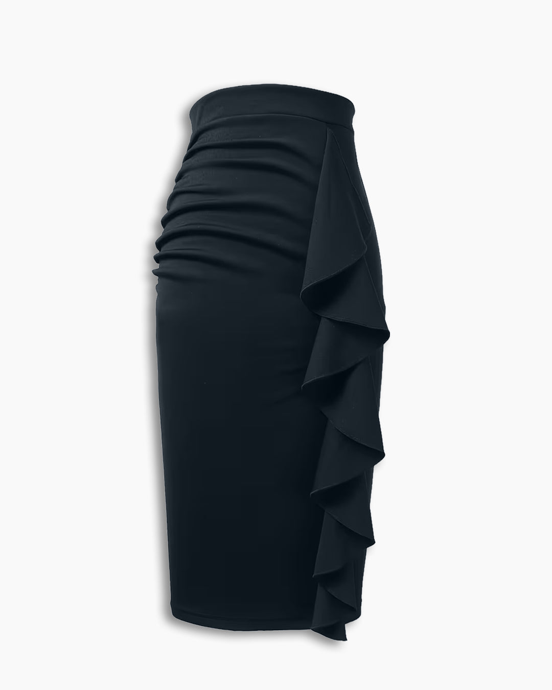 Slim Fit Asymmetric Ruffle Hem Solid Bodycon Midi  Skirt in Navy Blue