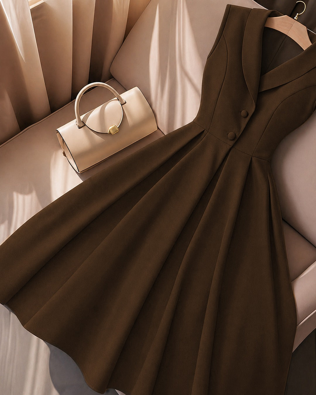 Shawl Collar Fit and Flare Pleated Midi Dress in Coco