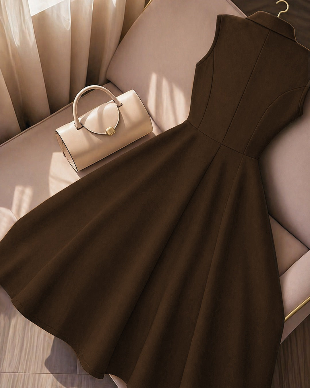 Shawl Collar Fit and Flare Pleated Midi Dress in Coco