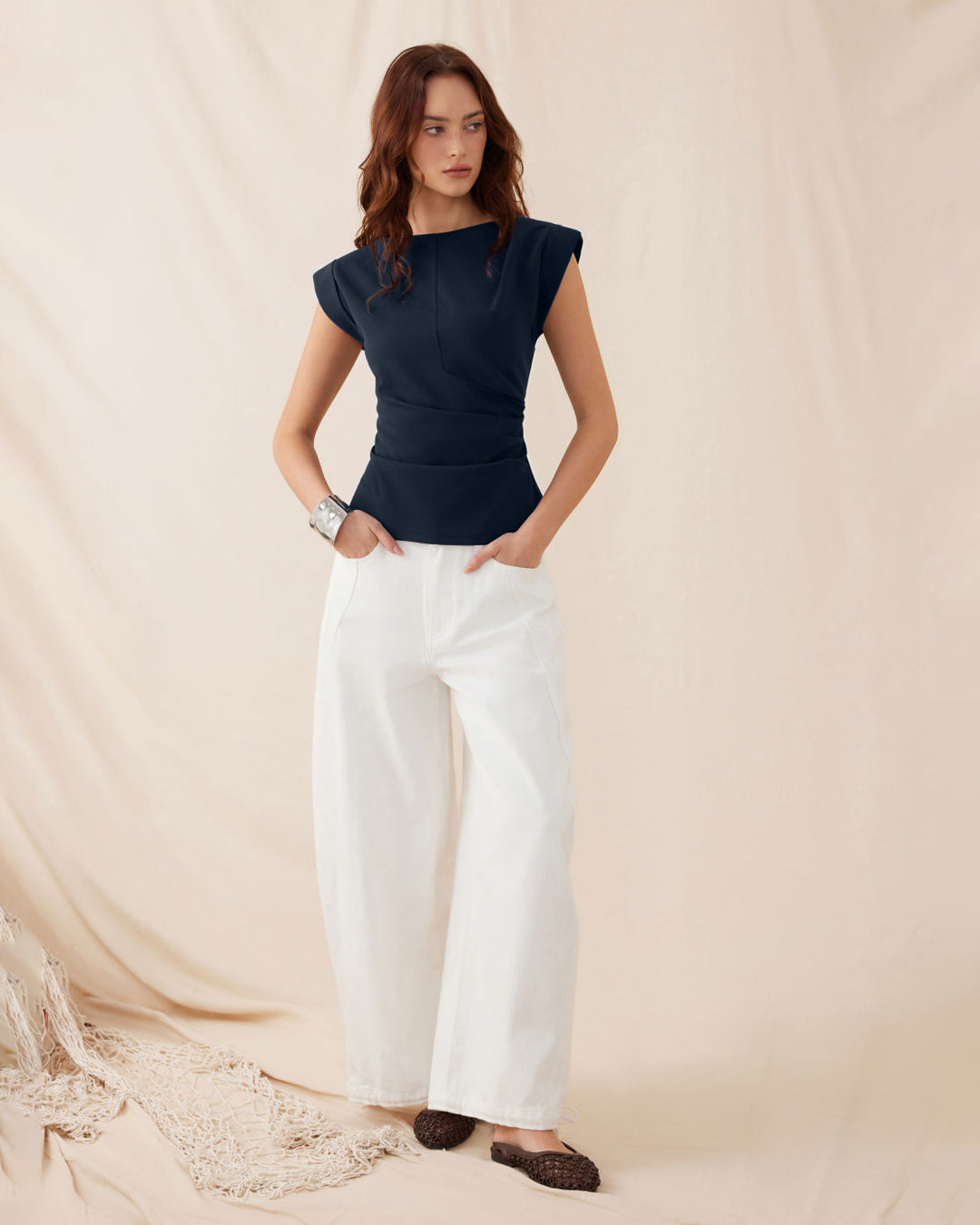 Cap Sleeve Fitted Peplum Top in Navy Blue