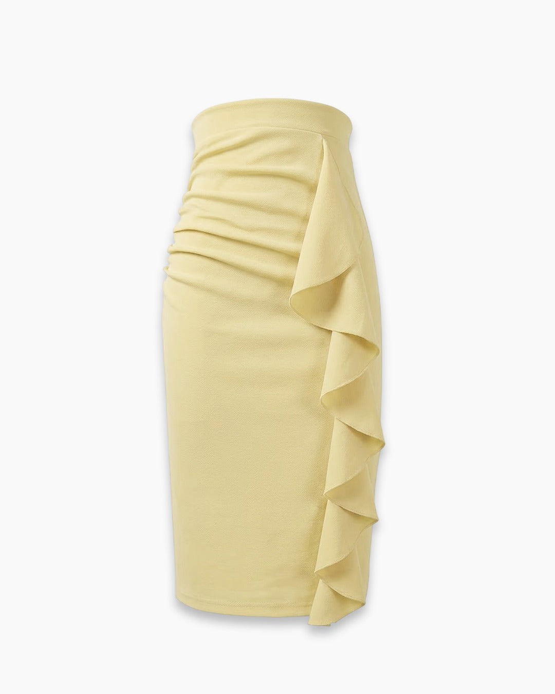 Slim Fit Asymmetric Ruffle Hem Solid Bodycon Midi Skirt in Vanilla