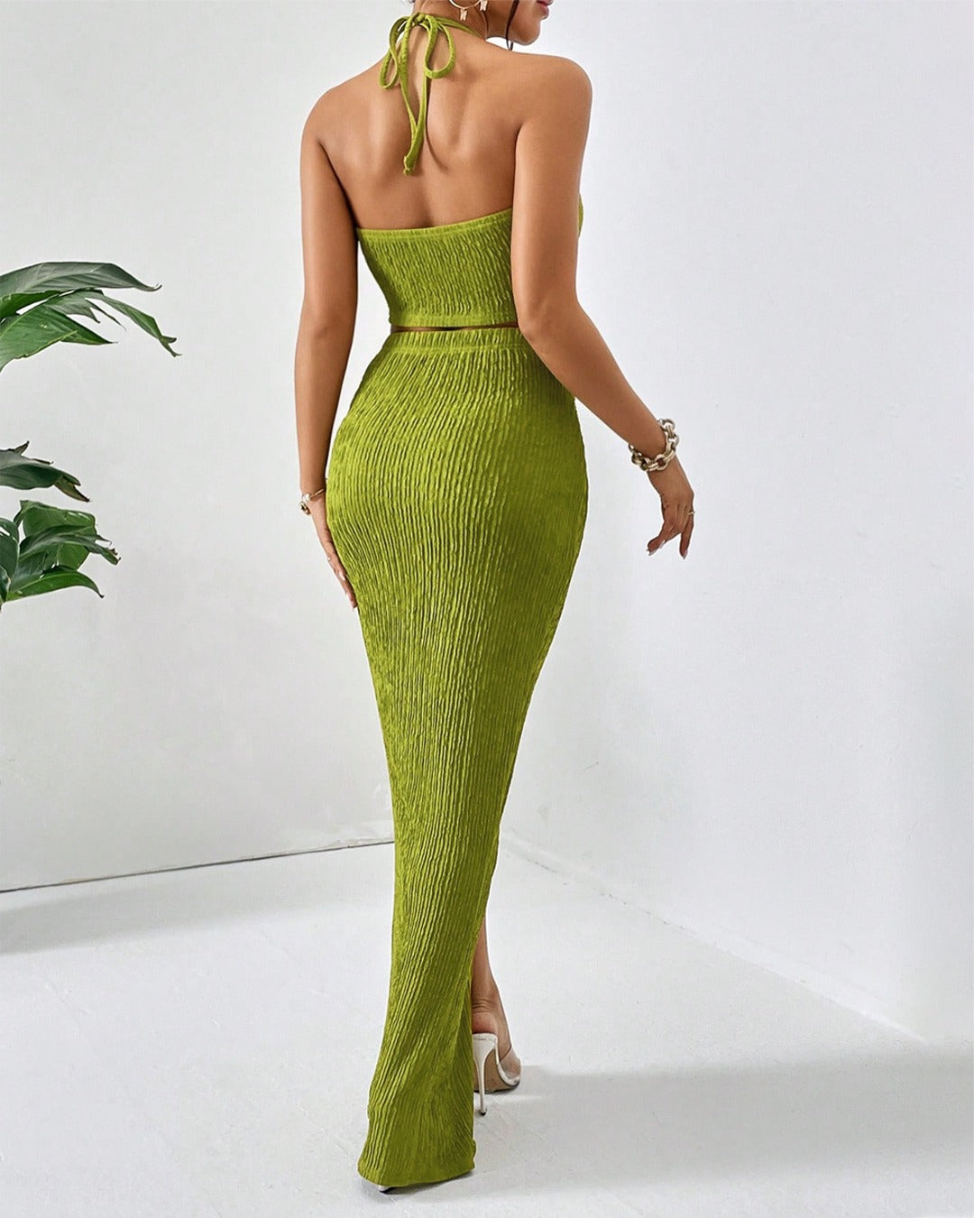 Halter Neck Slim Fit Ribbed Crop Top & Asymmetrical Hem Skirt Set In Dark Citron
