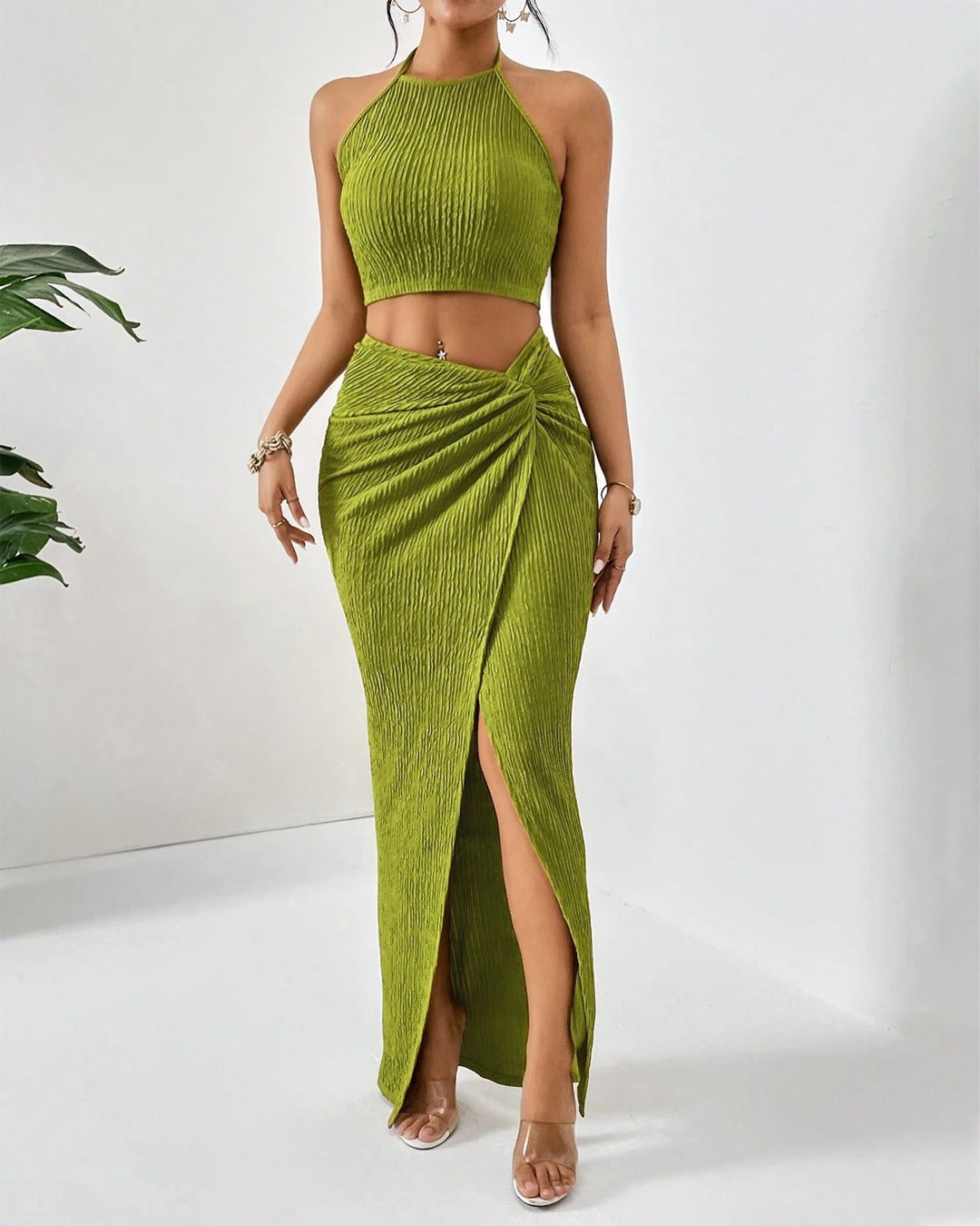Halter Neck Slim Fit Ribbed Crop Top & Asymmetrical Hem Skirt Set In Dark Citron