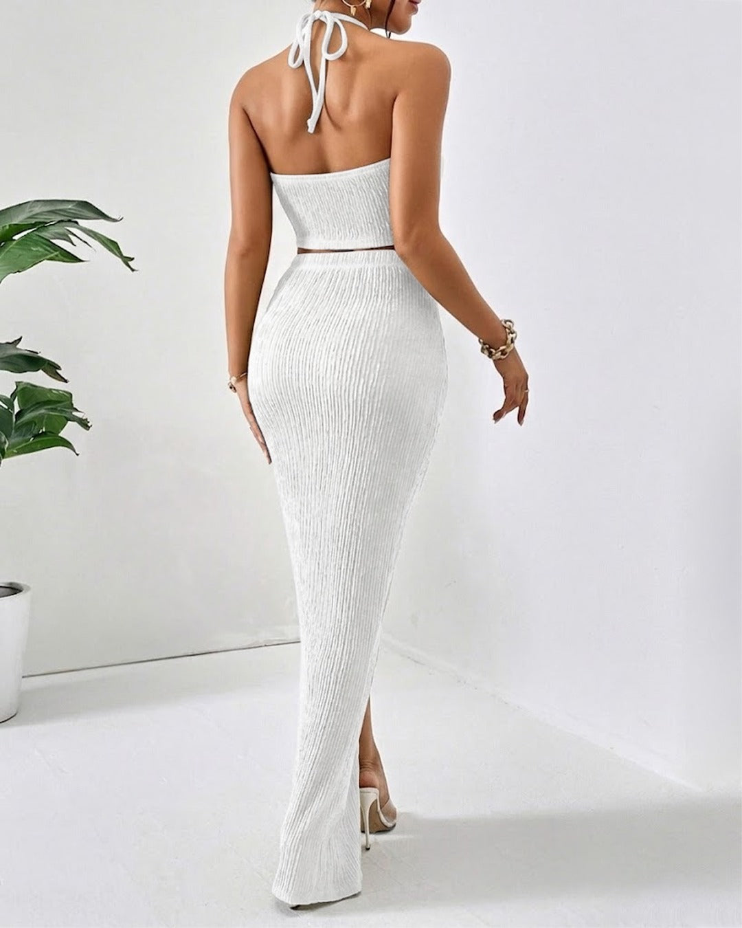 Halter Neck Slim Fit Ribbed Crop Top & Asymmetrical Hem Skirt Set In Classic White
