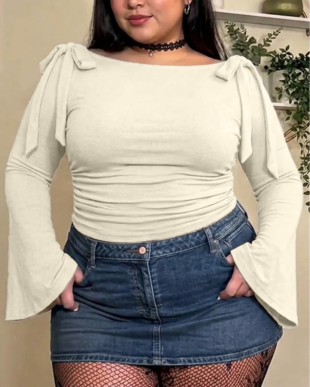Boat Neck Bow Tie And Long Ruffled Sleeve Top Curve And Plus in Beige