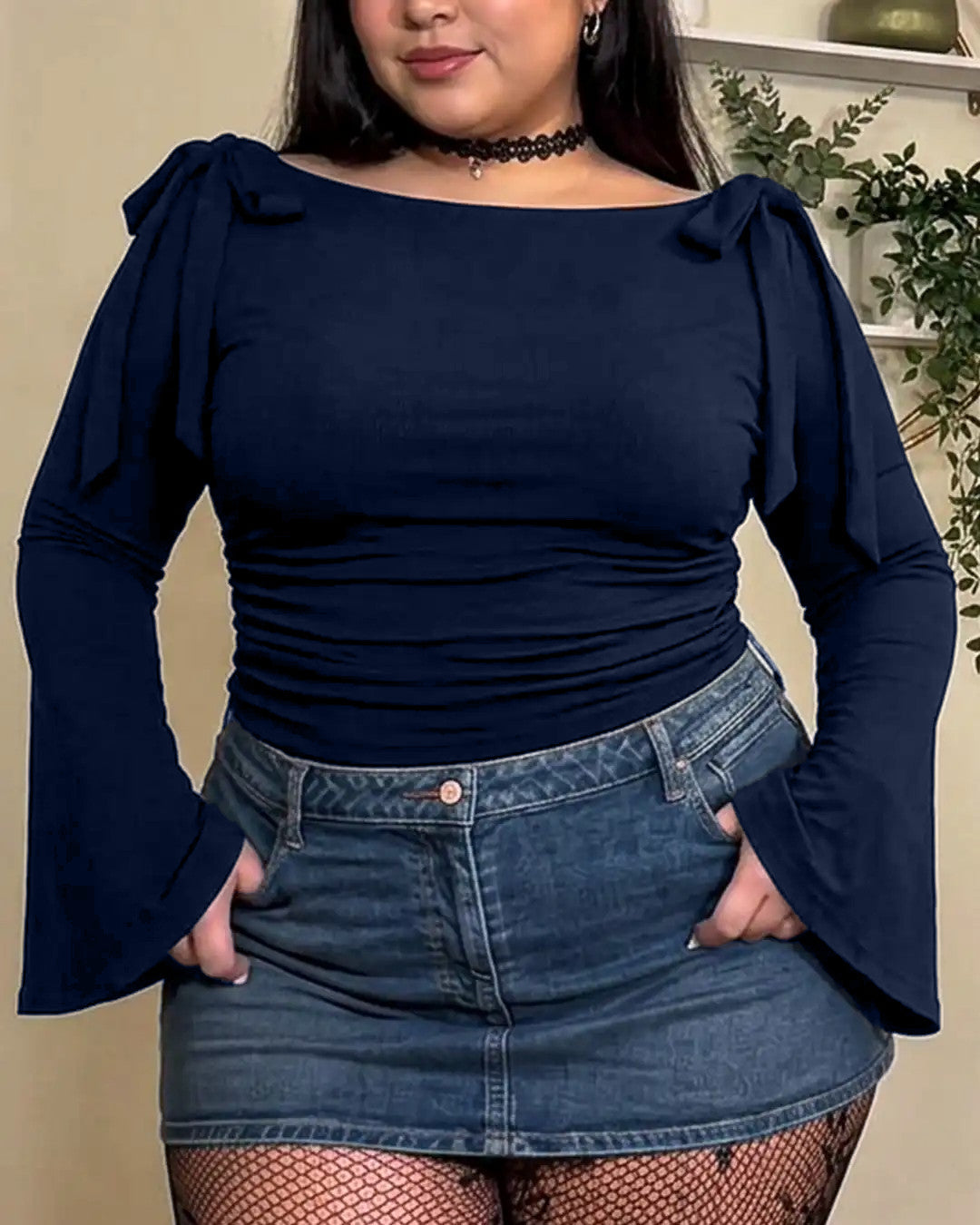 Boat Neck Bow Tie And Long Ruffled Sleeve Top Curve And Plus in Navy Blue
