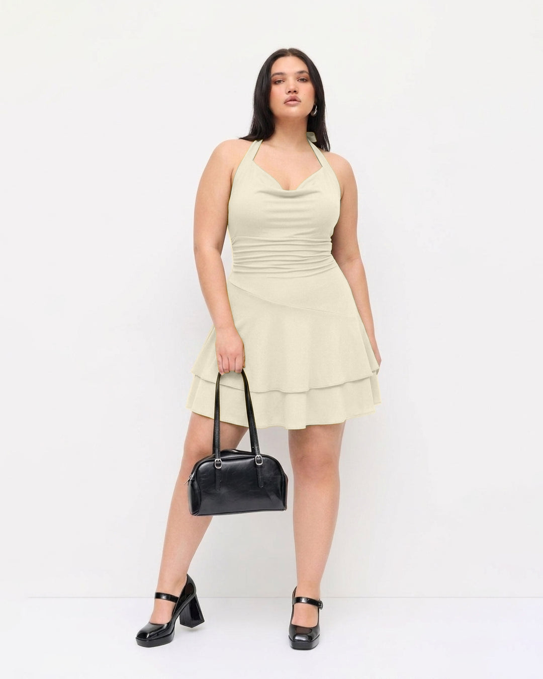 Fit and Flare Cowl Neck Layered Sleeveless Dress Curve And Plus in Beige