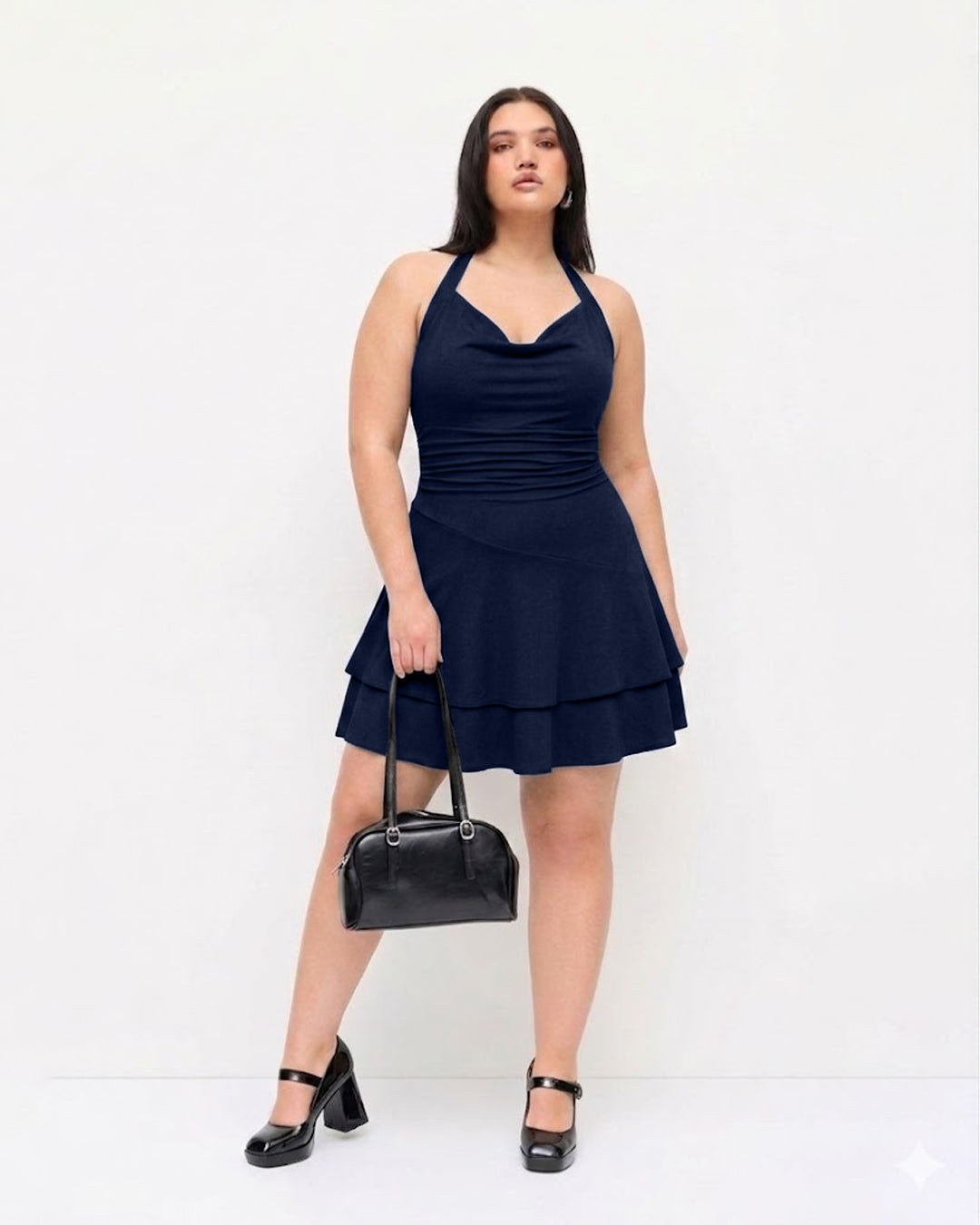 Fit and Flare Cowl Neck Layered Sleeveless Dress Curve And Plus in Navy Blue