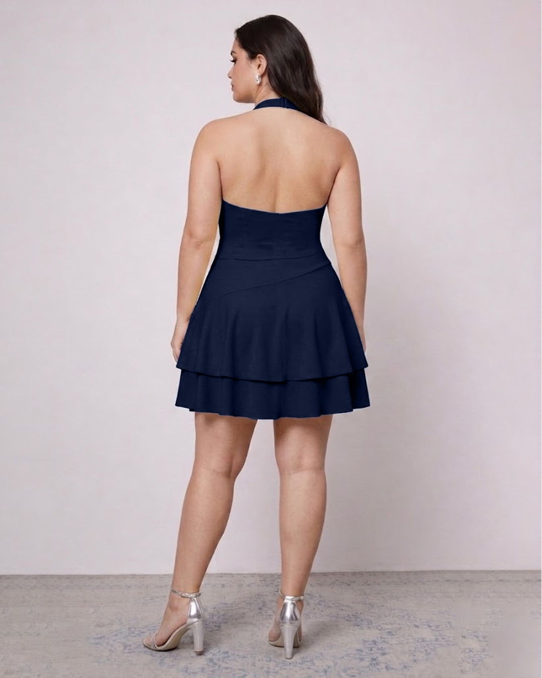 Fit and Flare Cowl Neck Layered Sleeveless Dress Curve And Plus in Navy Blue