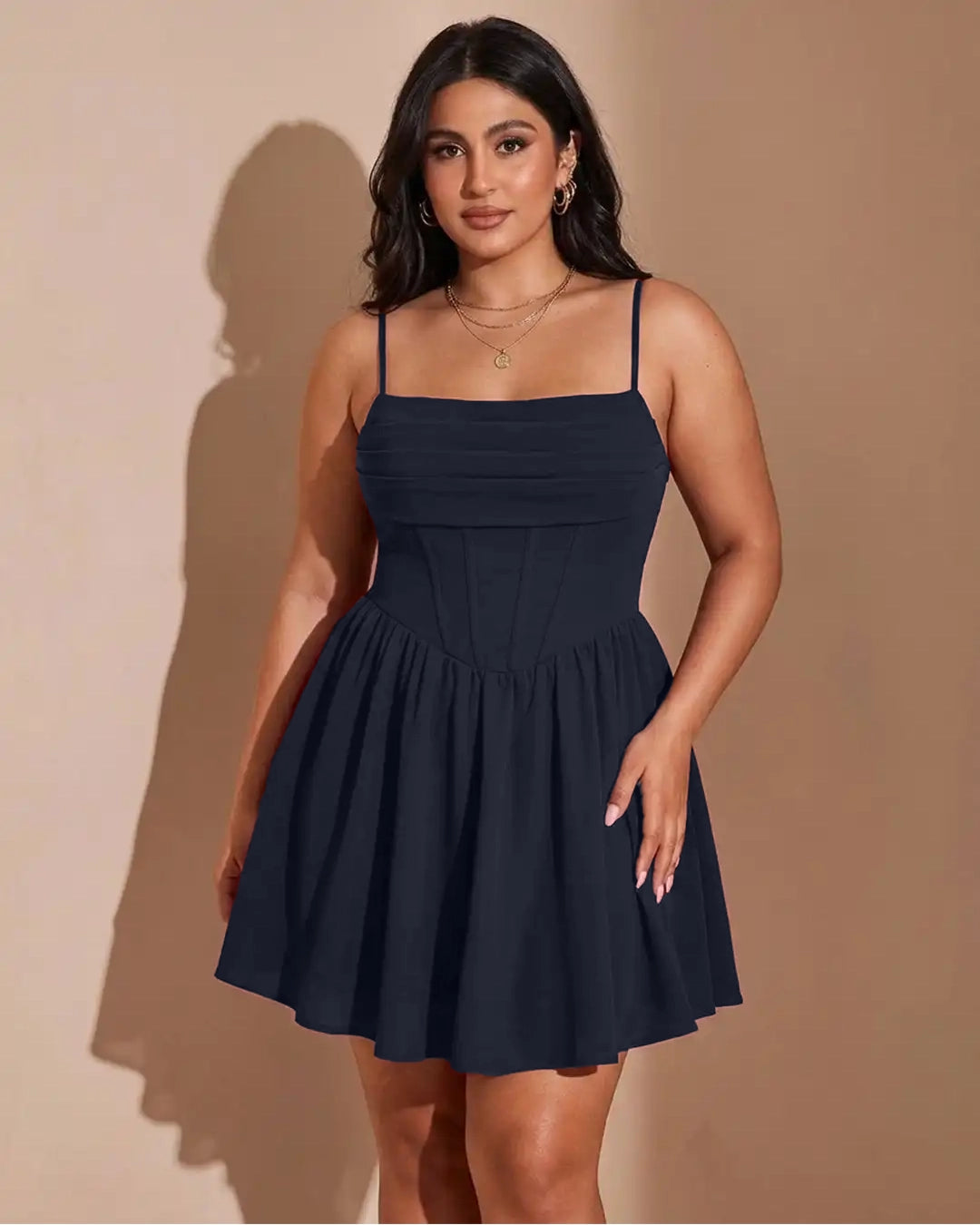 Square Neck Fit & Flare Solid Sleeveless Mini Dress Curve And Plus in Navy Blue
