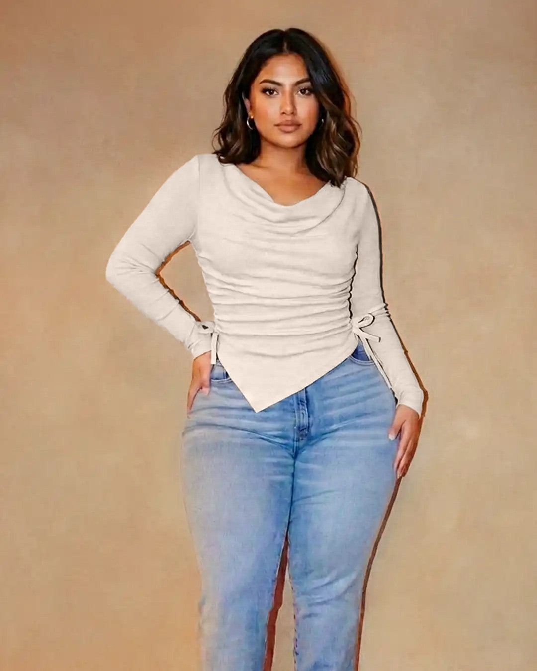 Casual Cowl Neck Ruched Side Tie Long Sleeve Top Curve And Plus in Apricot