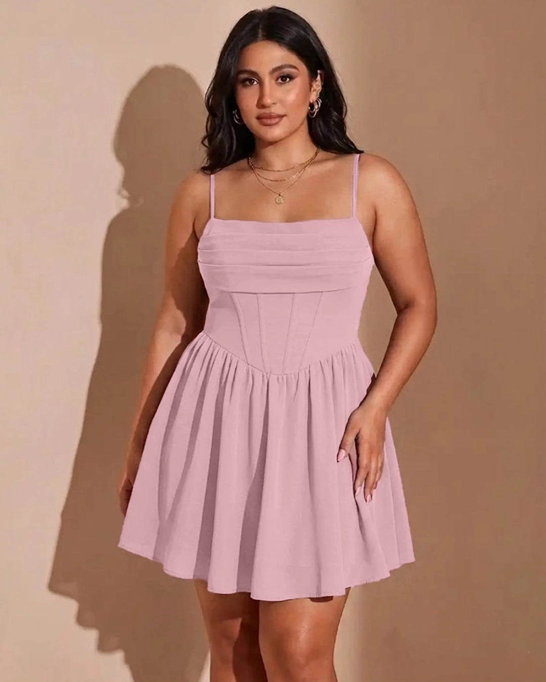 Square Neck Fit & Flare Solid Sleeveless Mini Dress Curve And Plus in Dusty Pink