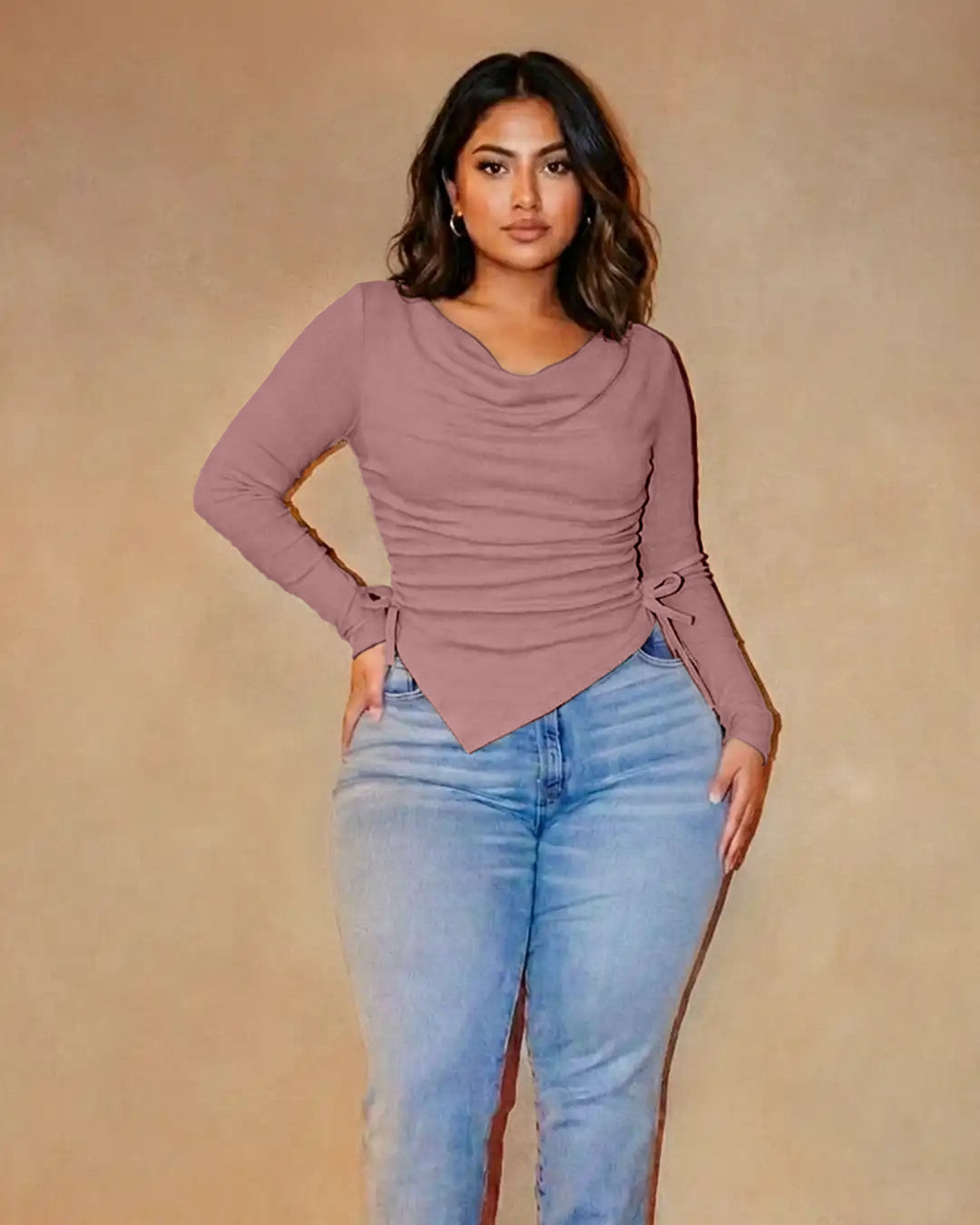 Casual Cowl Neck Ruched Side Tie Long Sleeve Top Curve And Plus in Dusty Pink