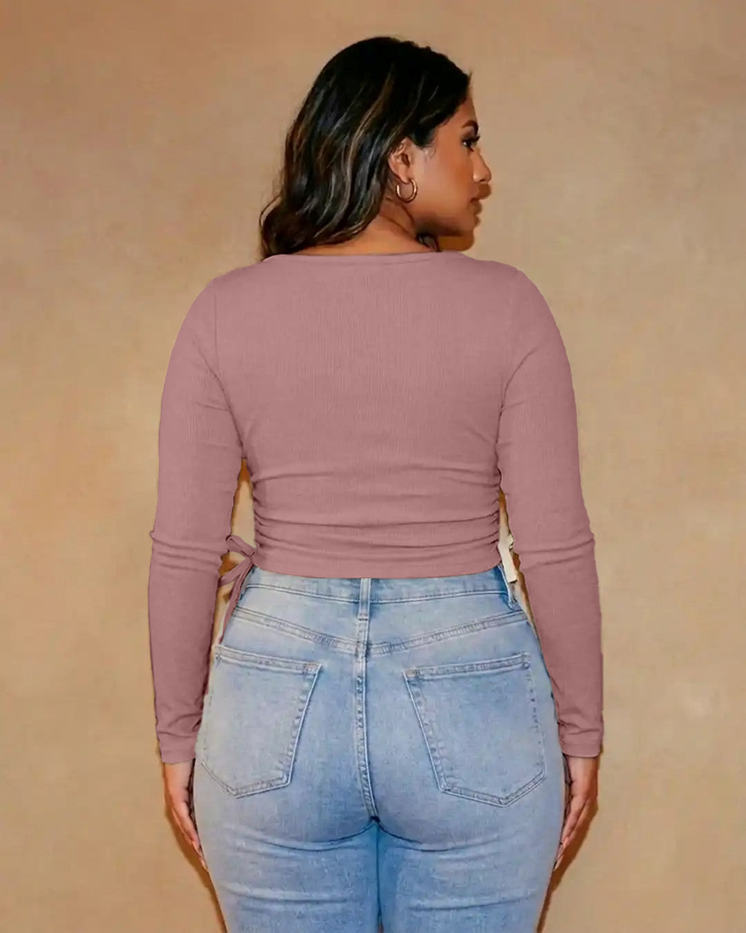 Casual Cowl Neck Ruched Side Tie Long Sleeve Top Curve And Plus in Dusty Pink