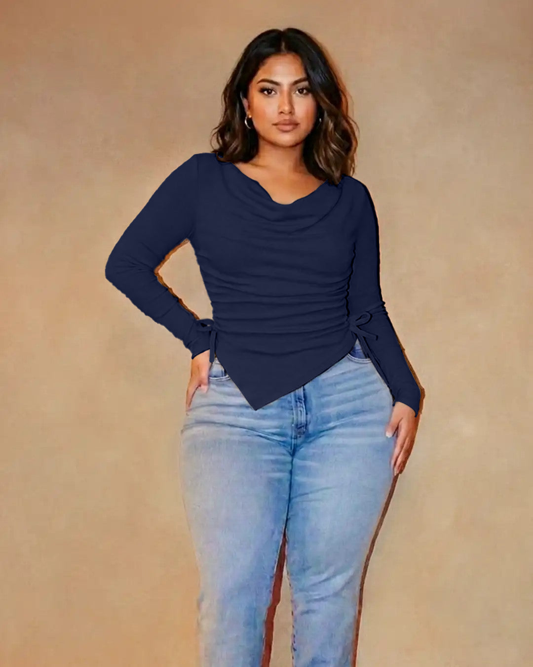 Casual Cowl Neck Ruched Side Tie Long Sleeve Top Curve And Plus in Navy Blue
