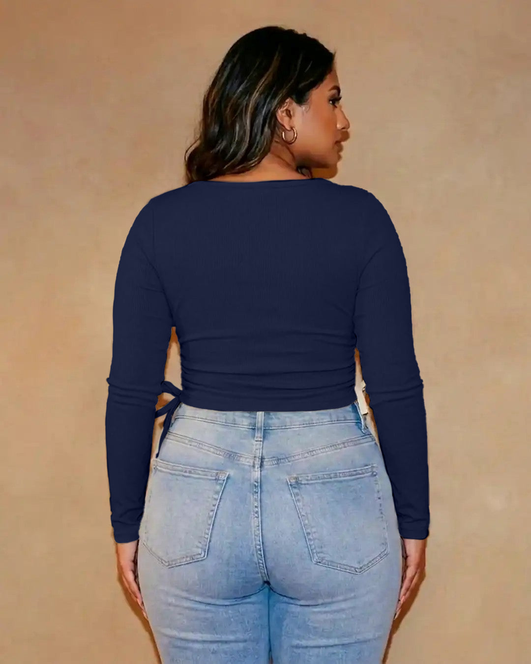 Casual Cowl Neck Ruched Side Tie Long Sleeve Top Curve And Plus in Navy Blue