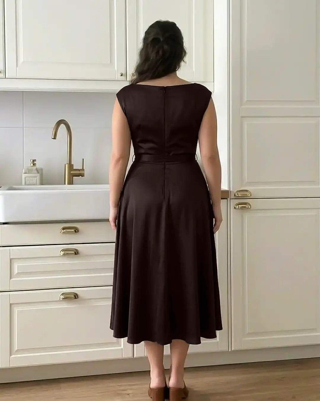 Draped Sleeveless Midi Dress With Tie Waist Curve And Plus In Coffee Brown