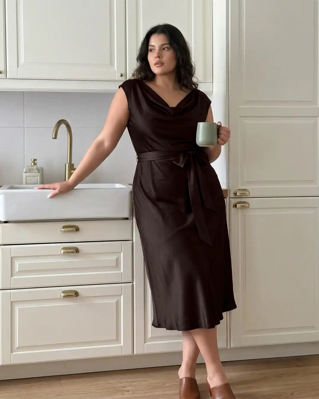 Draped Sleeveless Midi Dress With Tie Waist Curve And Plus In Coffee Brown