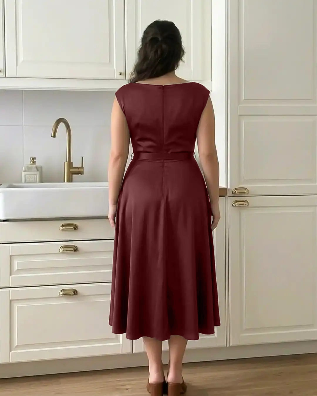 Draped Sleeveless Midi Dress With Tie Waist Curve & Plus In Maroon