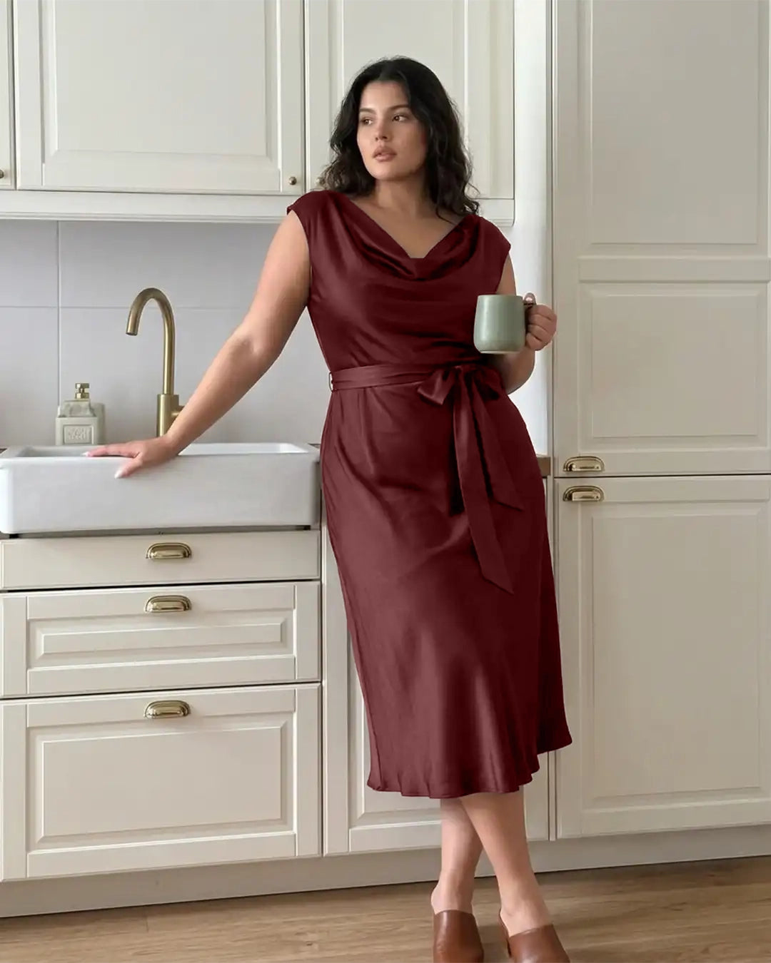 Draped Sleeveless Midi Dress With Tie Waist Curve & Plus In Maroon