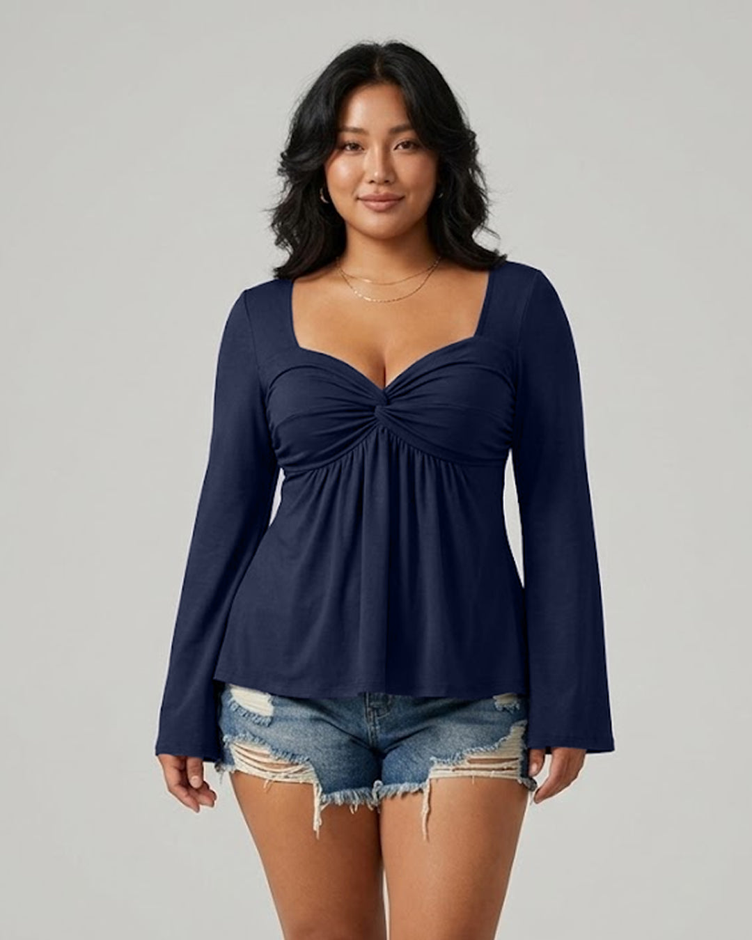 Ruched Sweetheart Neck Full Sleeve Top Curve And Plus in Navy Blue