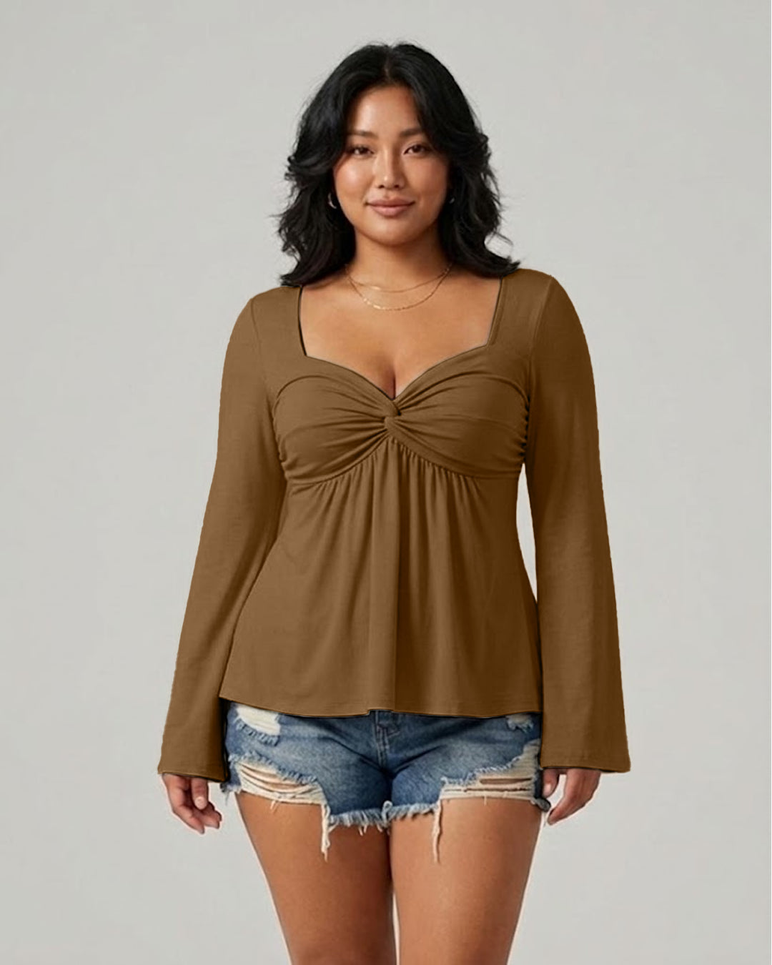 Ruched Bust Sweetheart Neck Full Sleeve Top Curve And Plus in Brown