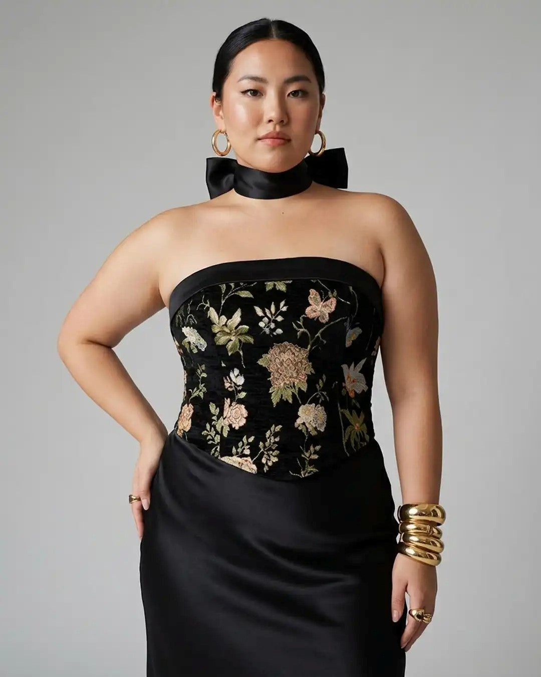 Jacquard Floral Crop Top & Satin Bow Curve And Plus in Black