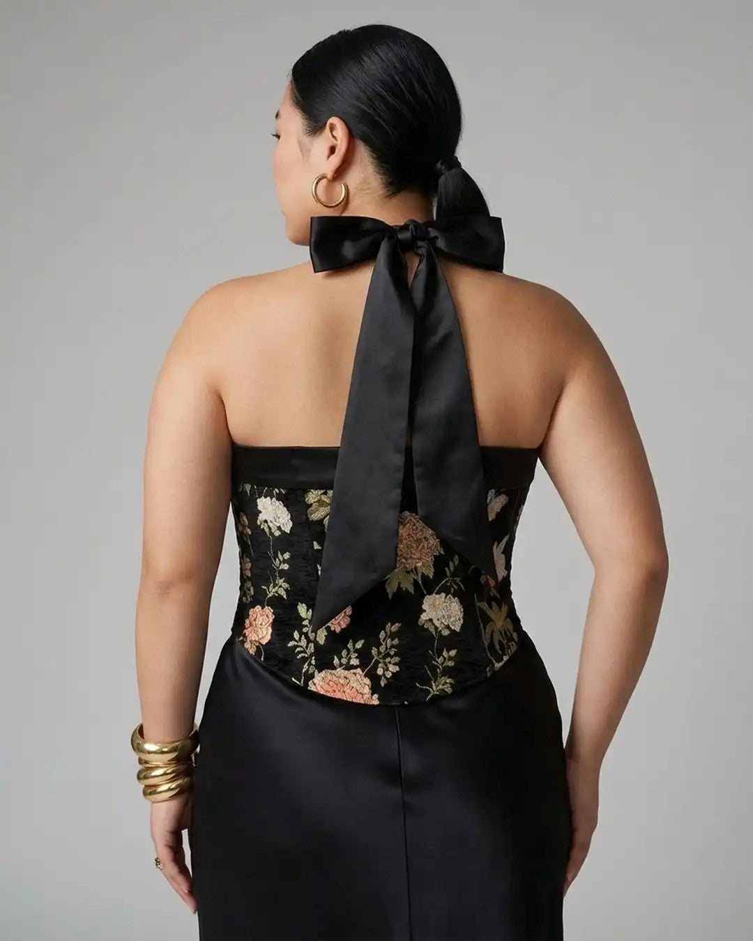 Jacquard Floral Crop Top & Satin Bow Curve And Plus in Black