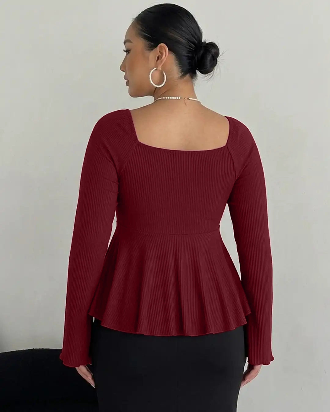 V Neck Ruched Flared Long Sleeve Top Curve And Plus in Maroon