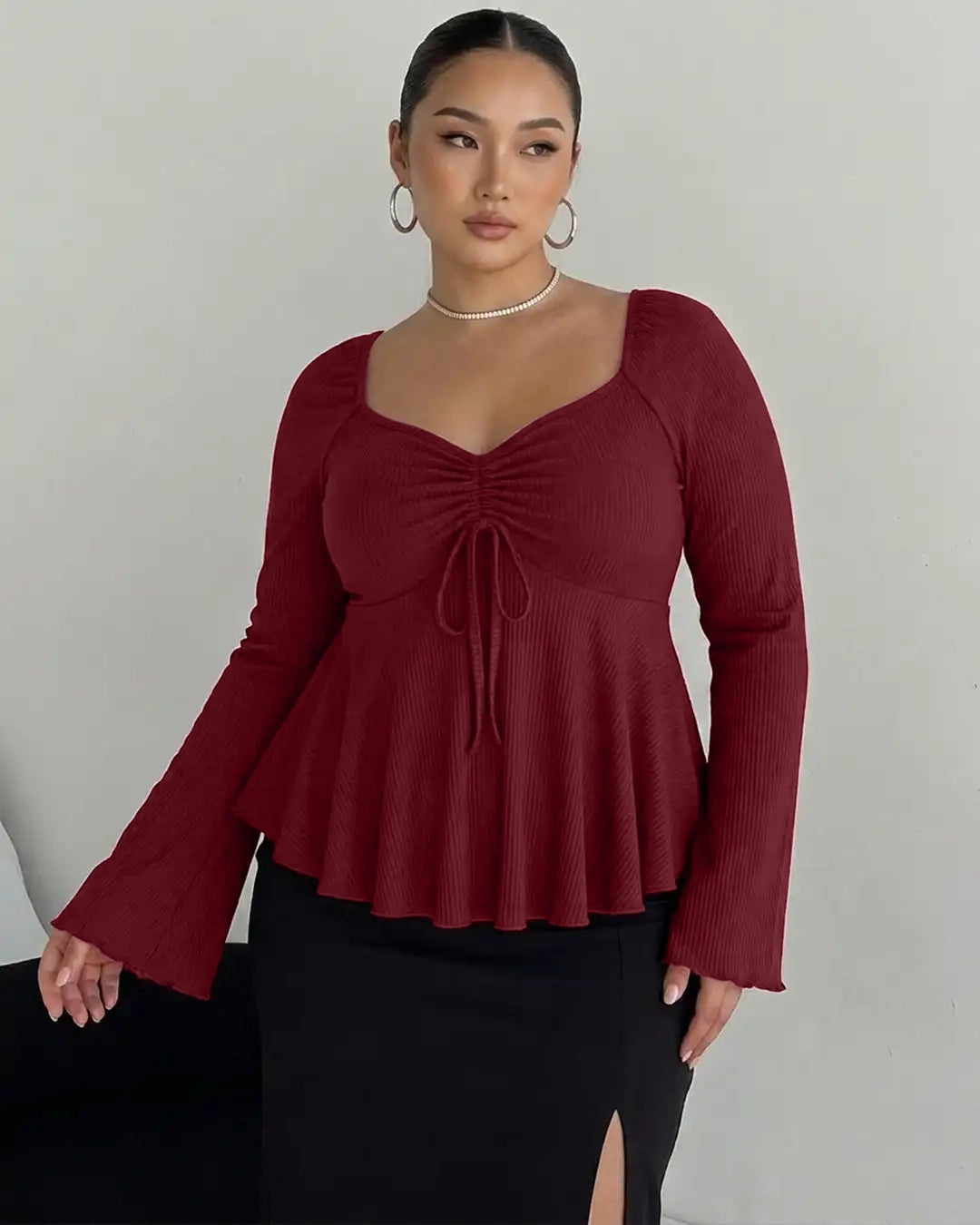 V Neck Ruched Flared Long Sleeve Top Curve And Plus in Maroon