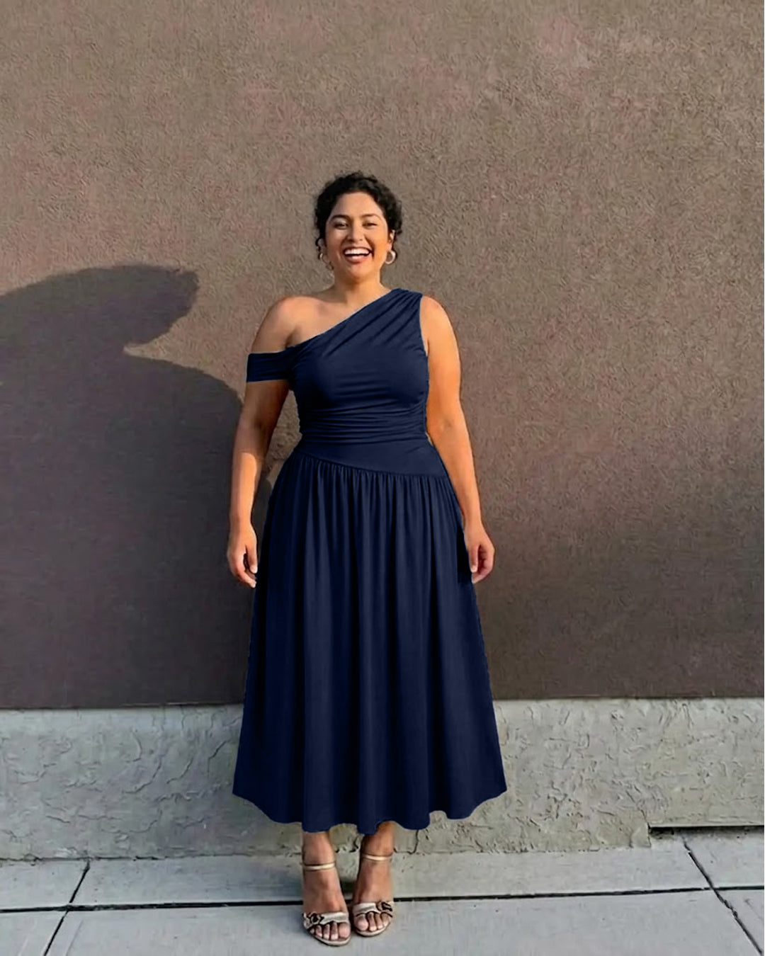 Off-Shoulder Fit & Flare Midi Dress Curve And Plus in Navy Blue
