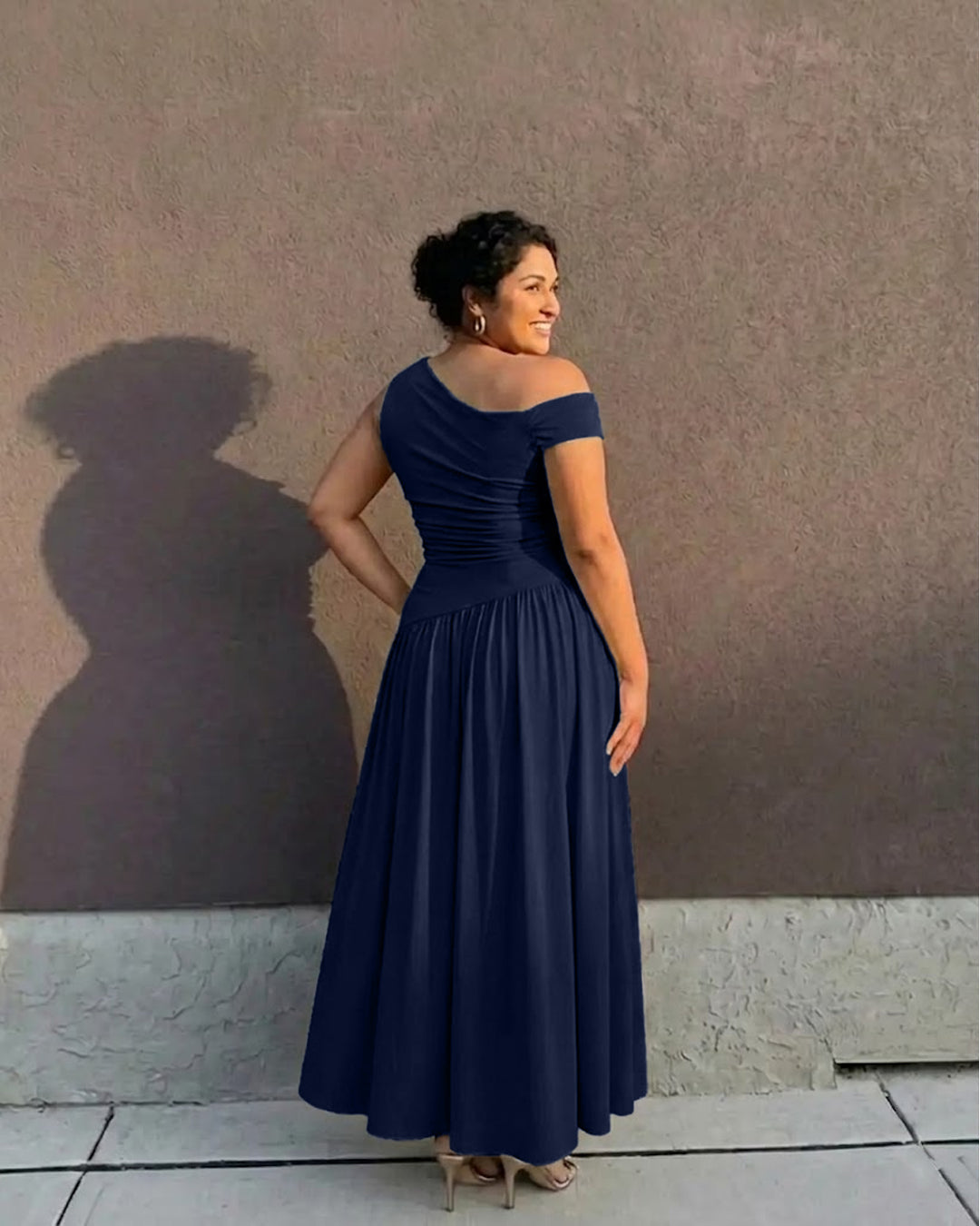 Off-Shoulder Fit & Flare Midi Dress Curve And Plus in Navy Blue