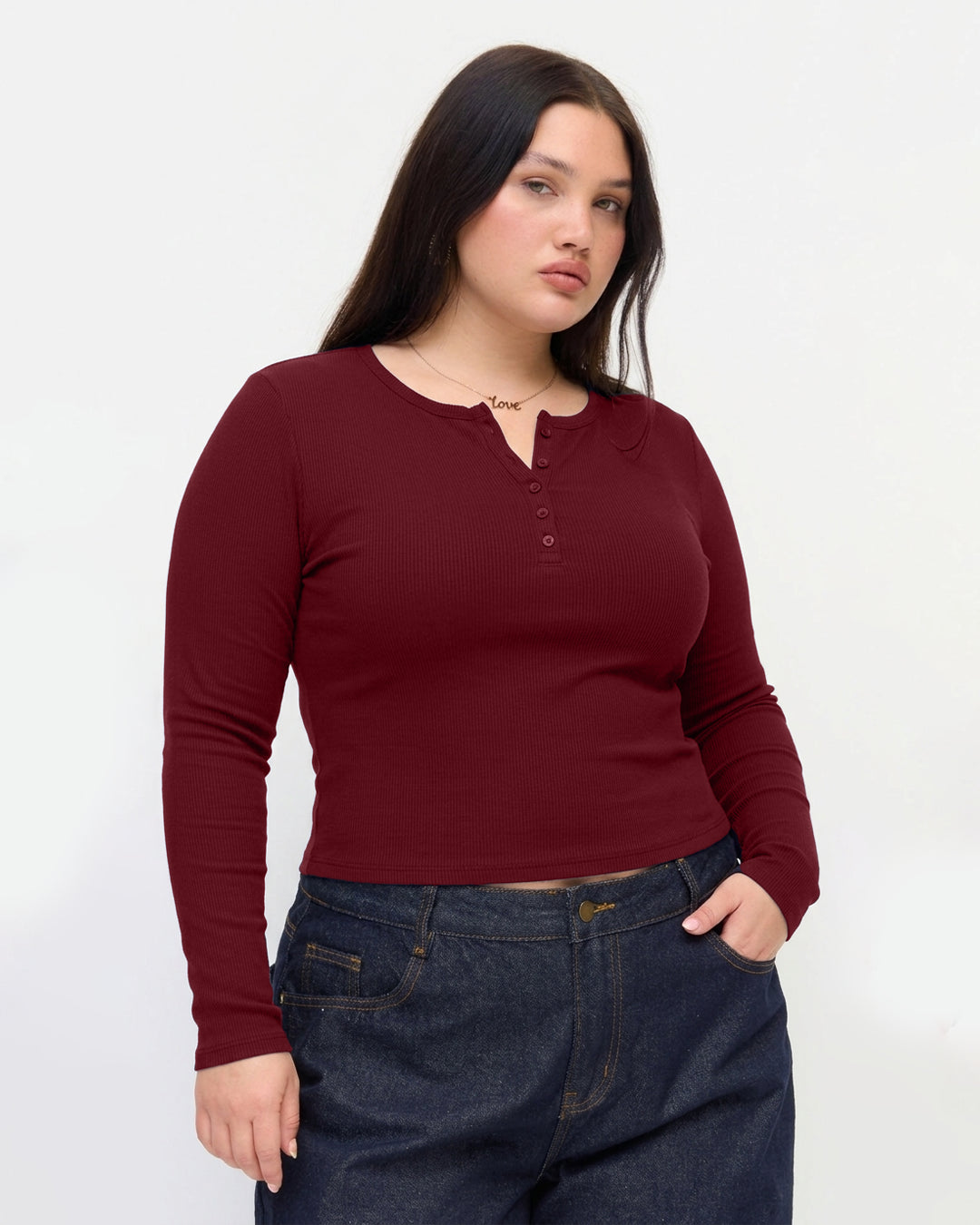 Textured Ribbed Notch Neck Full Sleeve Top Curve And Plus in Burgundy