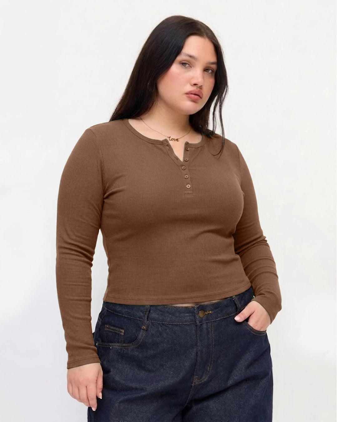 Textured Ribbed Notch Neck Full Sleeve Top Curve And Plus in Brown