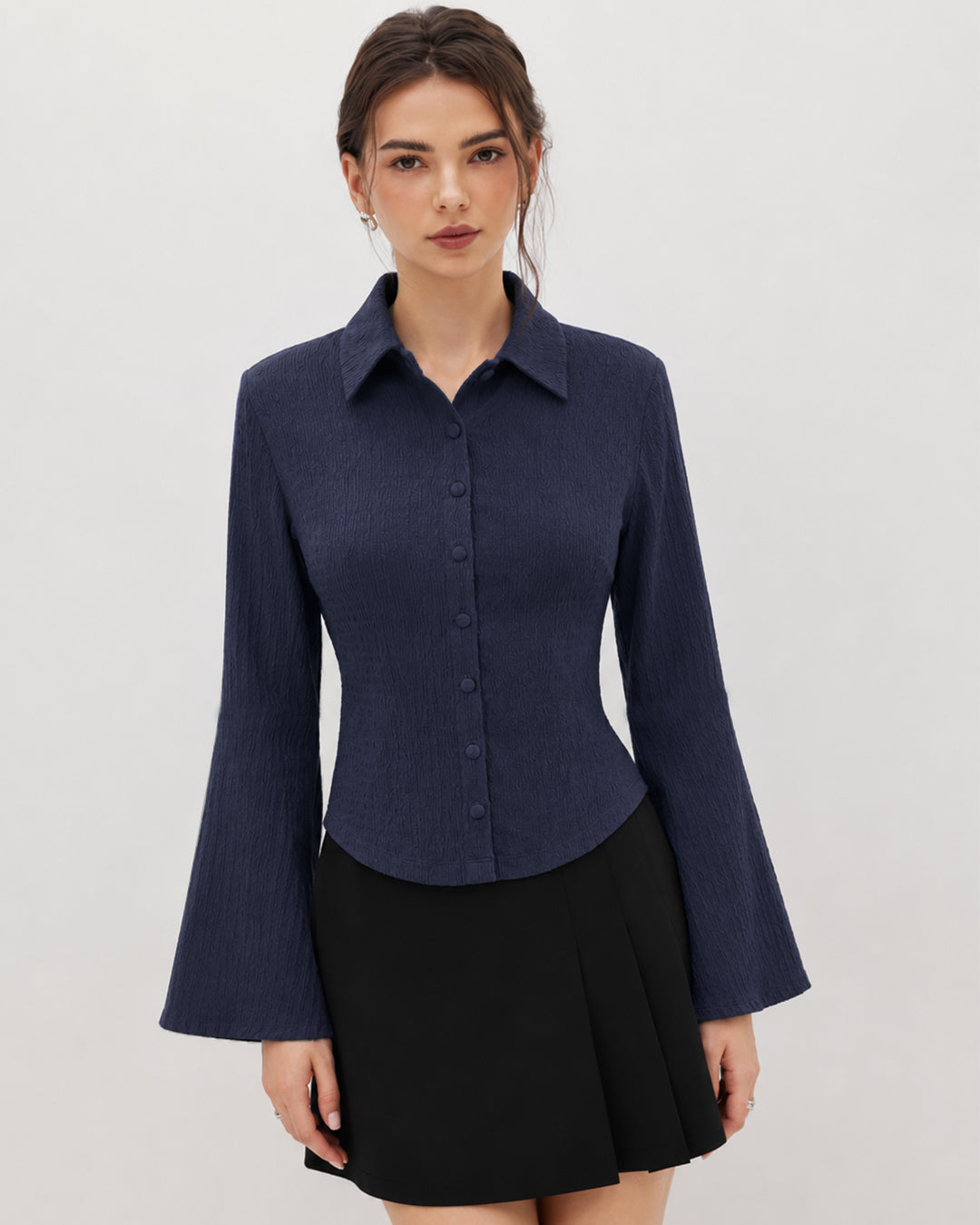 Collared V-Neck Crinkle Textured Fitted Button-Front Top in Navy Blue