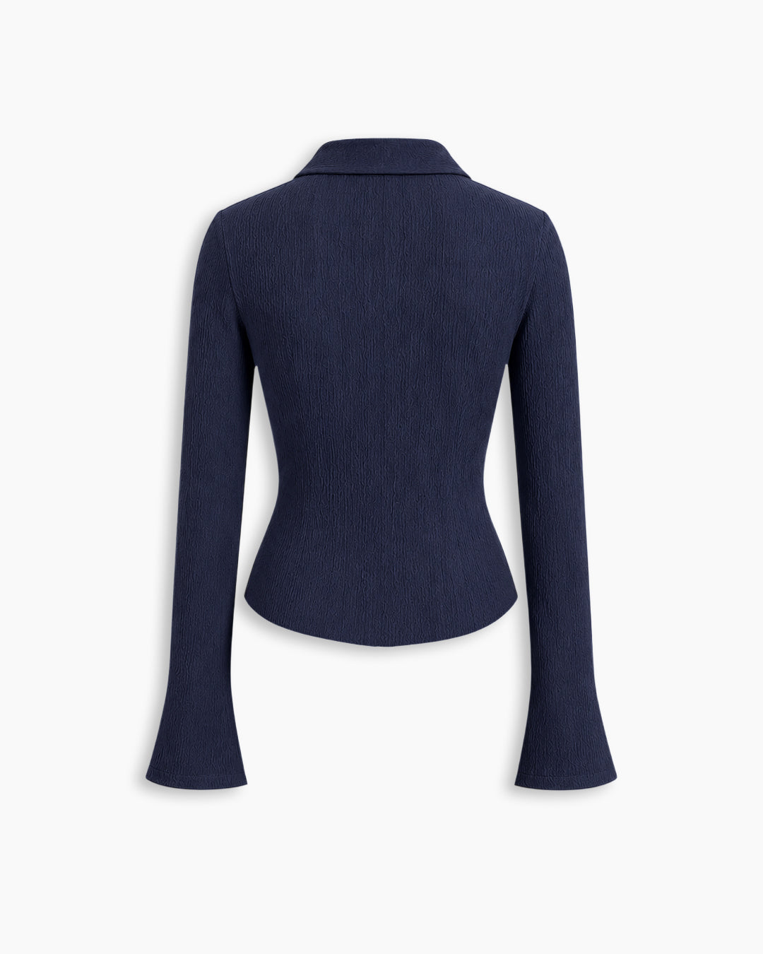 Collared V-Neck Crinkle Textured Fitted Button-Front Top in Navy Blue
