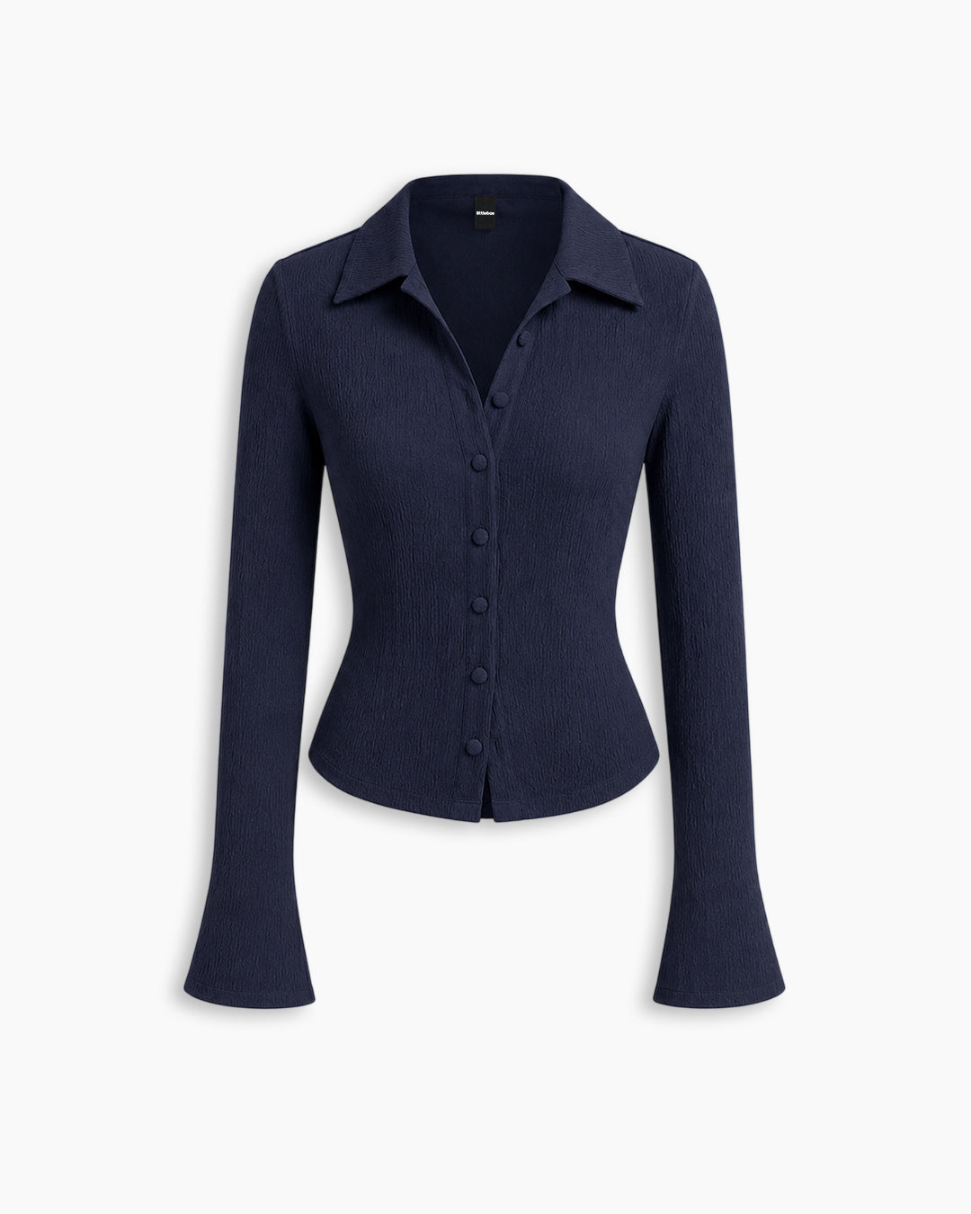 Collared V-Neck Crinkle Textured Fitted Button-Front Top in Navy Blue