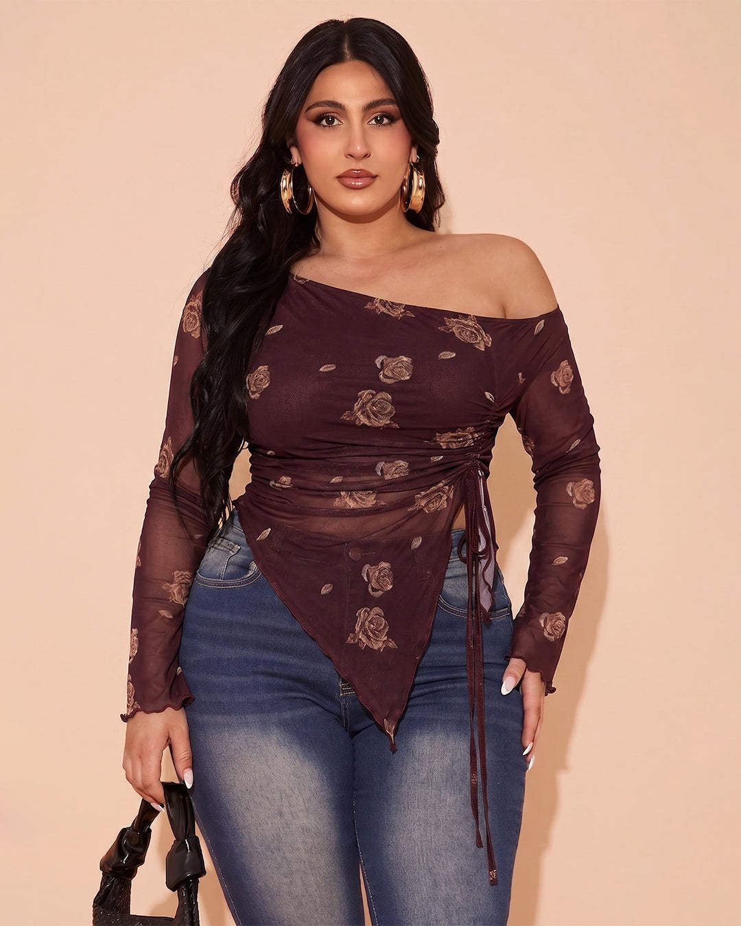Mesh Drawstring Side Floral Pattern Top Curve And Plus in Deep Maroon