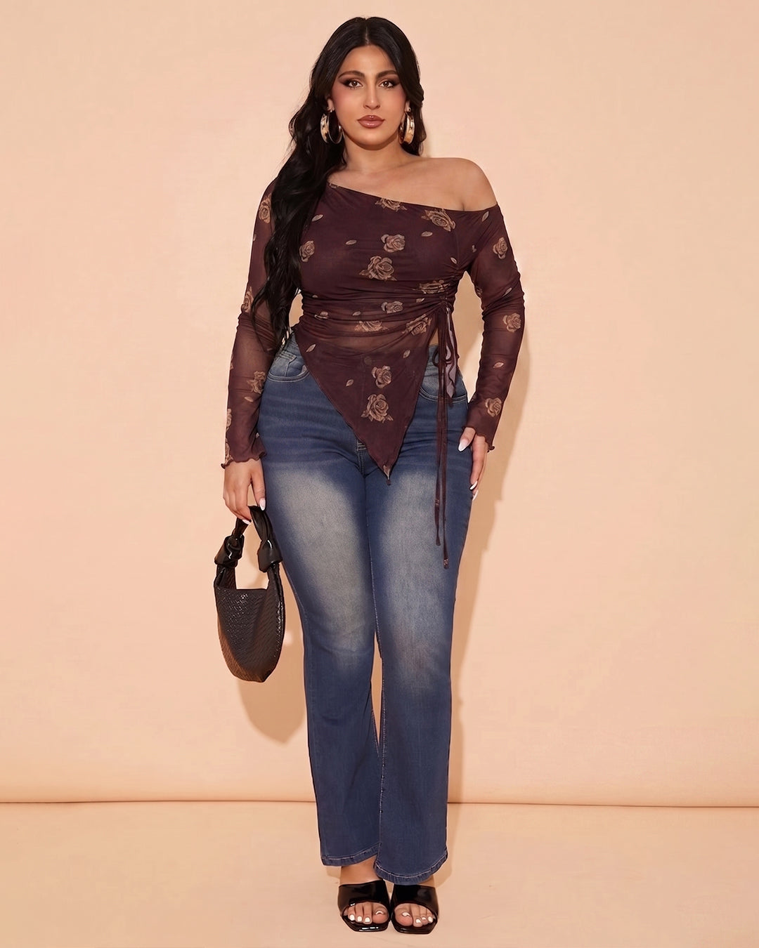 Mesh Drawstring Side Floral Pattern Top Curve And Plus in Deep Maroon