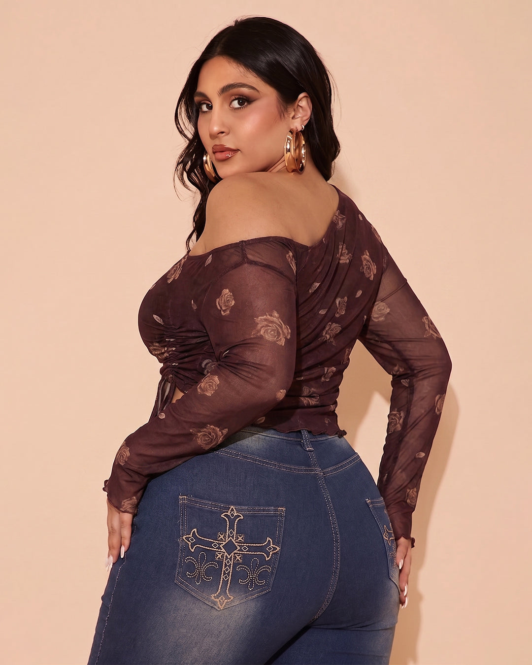 Mesh Drawstring Side Floral Pattern Top Curve And Plus in Deep Maroon