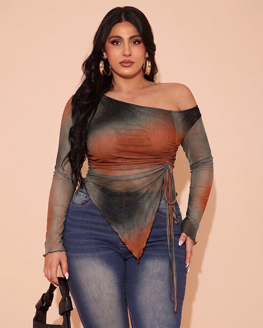 Mesh Drawstring Side Abstract Print Top Curve And Plus
