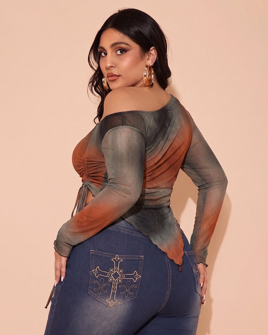 Mesh Drawstring Side Abstract Print Top Curve And Plus