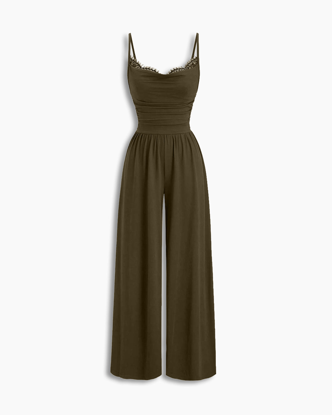 Lace Trim Sleeveless Wide Leg Jumpsuit in Coffee Brown