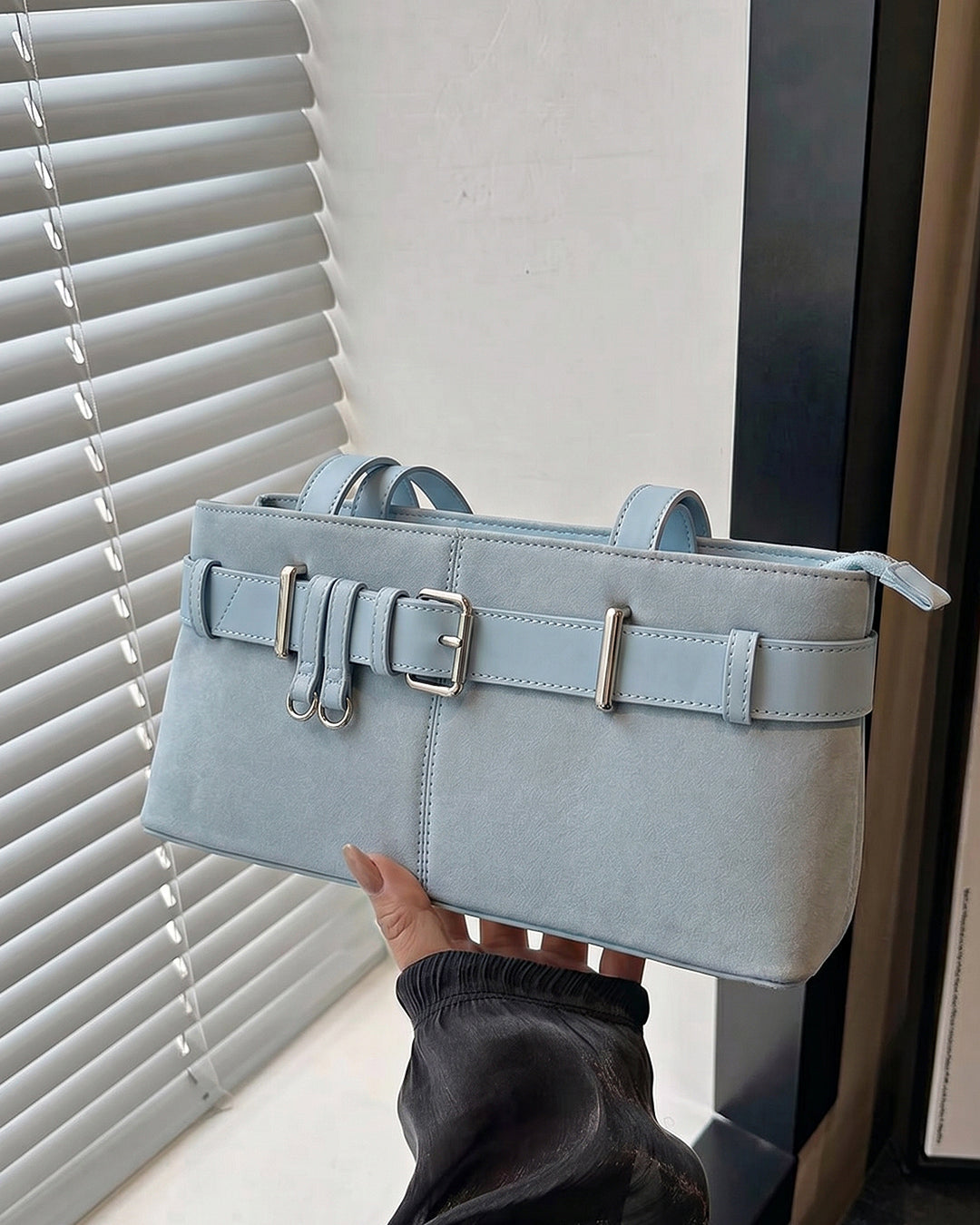 Buckle Detail Structured Shoulder Bag in Baby Blue